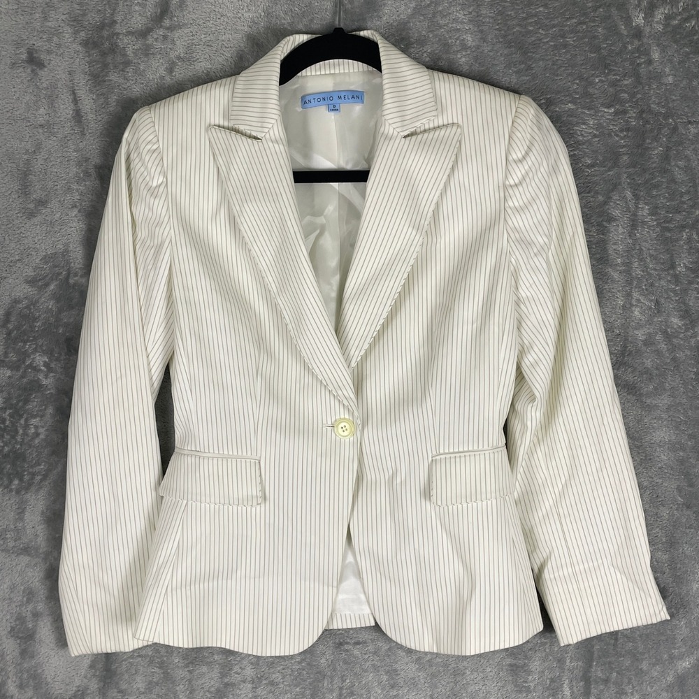 Antonio Melani Blazer Womens 0 Cream Pinstripe Very Good One Button Tailored